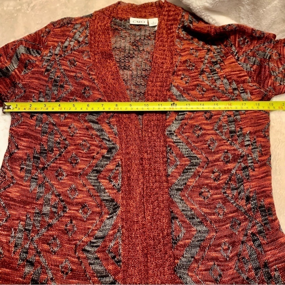 Cato Cardigan Small Open Duster Burgundy Grey Geometric Pattern Ribbed Trim - Picture 13 of 15